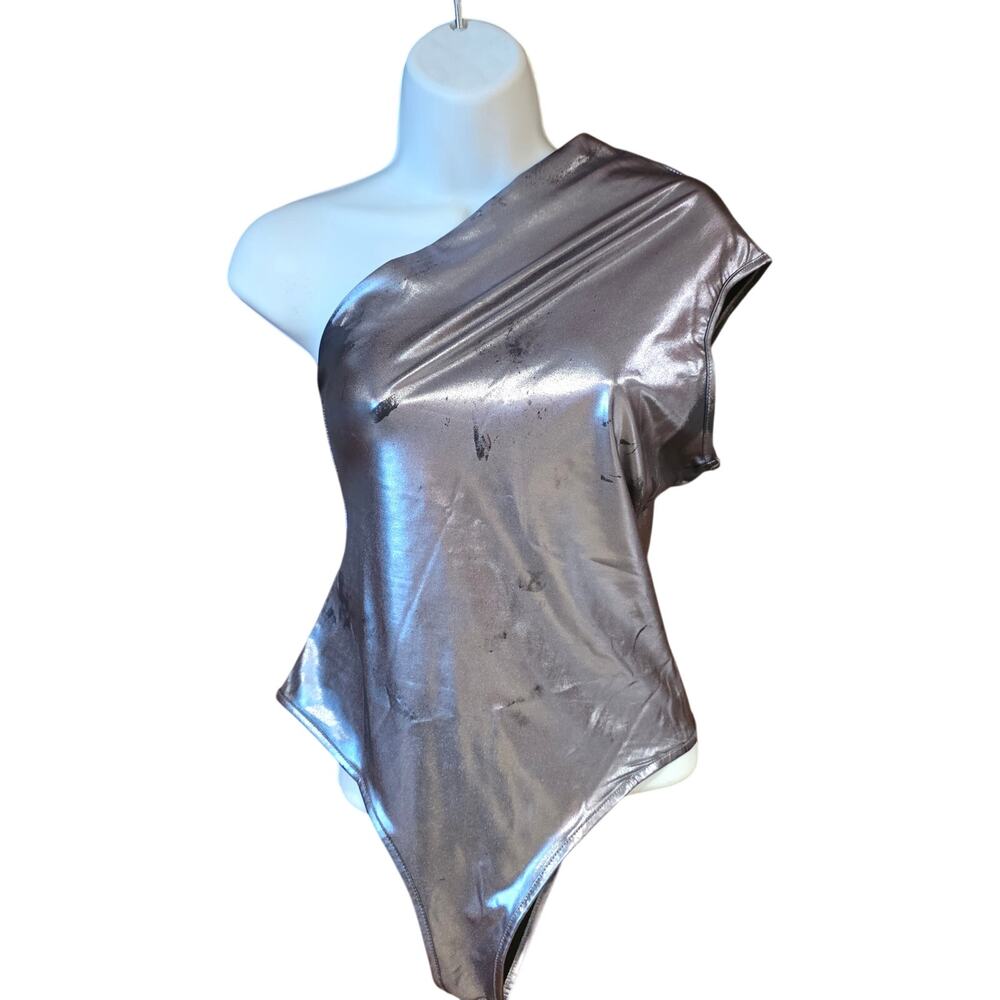 Edikted silver Feona Gathered Metallic Bodysuit sz S